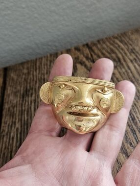 Vintage 24k Tairona Tumbaga Gold Pre Columbian God Face Effigy Brooch Pin